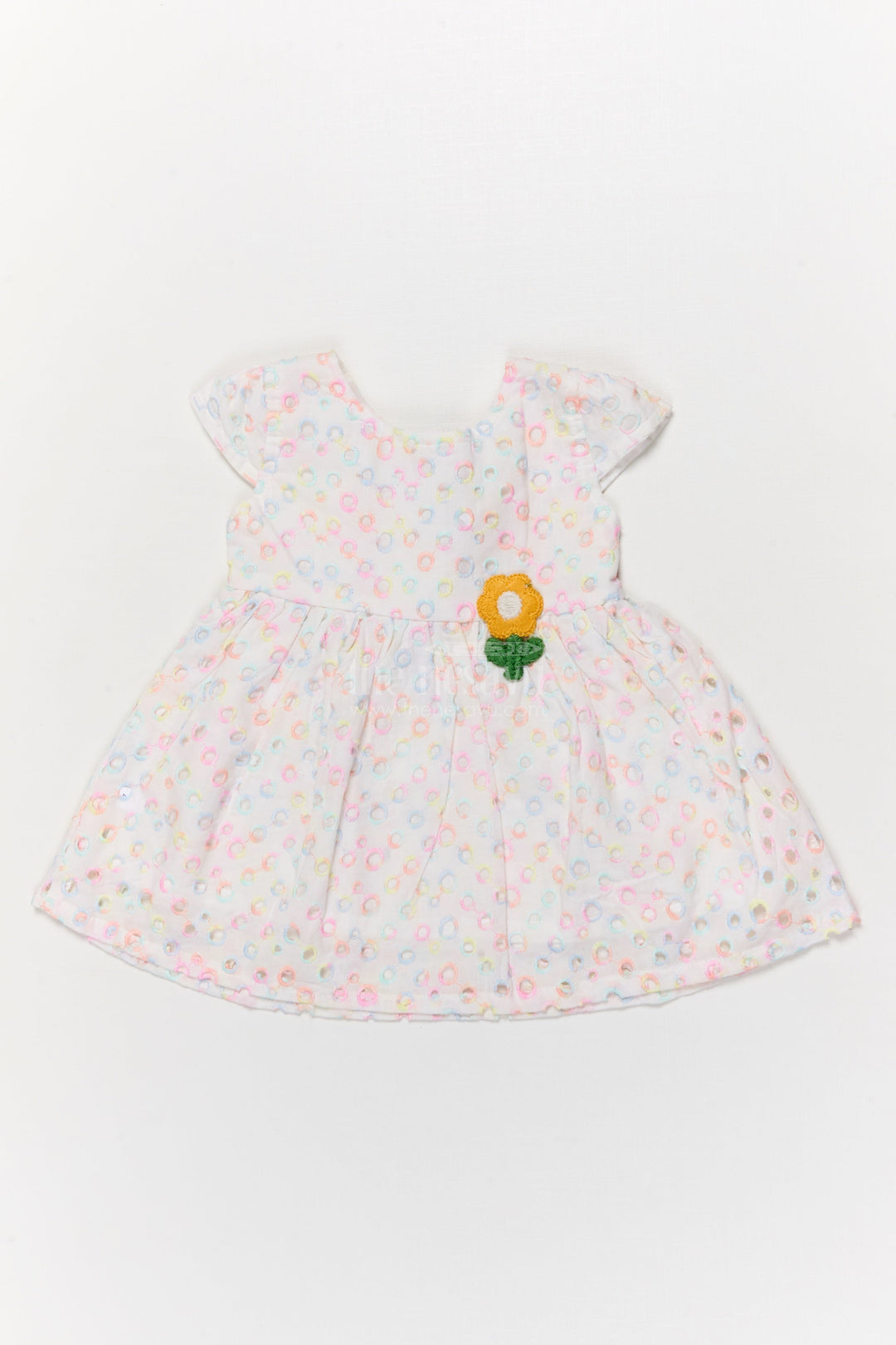 The Nesavu Baby Cotton Frocks Yellow Baby Girl Hakoba Frock with Floral Patch and Pastel Circle Embroidery Nesavu 14 (6M) / Yellow BFJ900B-14 Nesavu yellow Hakoba cotton frock for baby girls with embroidery and flower patch