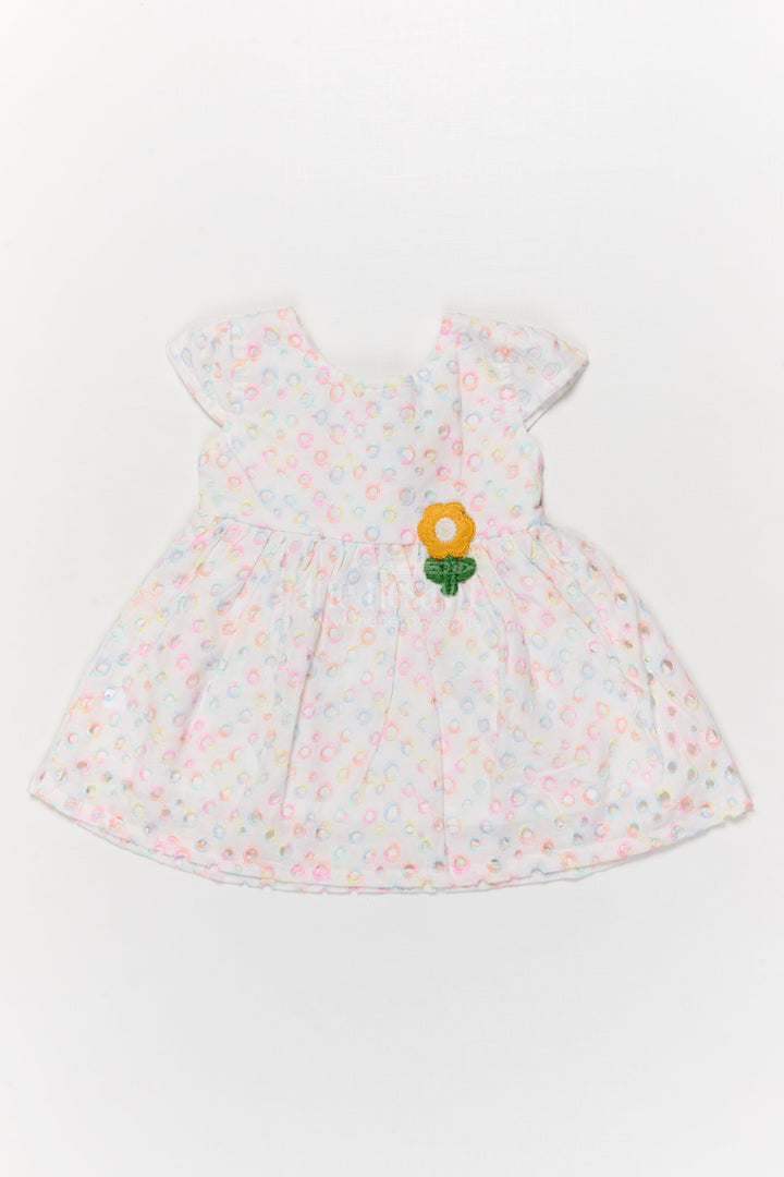 The Nesavu Baby Cotton Frocks Yellow Baby Girl Hakoba Frock with Floral Patch and Pastel Circle Embroidery Nesavu 14 (6M) / Yellow BFJ900B-14 Nesavu yellow Hakoba cotton frock for baby girls with embroidery and flower patch