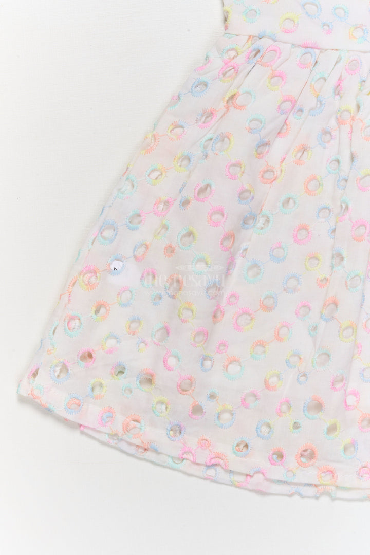 The Nesavu Baby Cotton Frocks Yellow Baby Girl Hakoba Frock with Floral Patch and Pastel Circle Embroidery Nesavu Nesavu yellow Hakoba cotton frock for baby girls with embroidery and flower patch