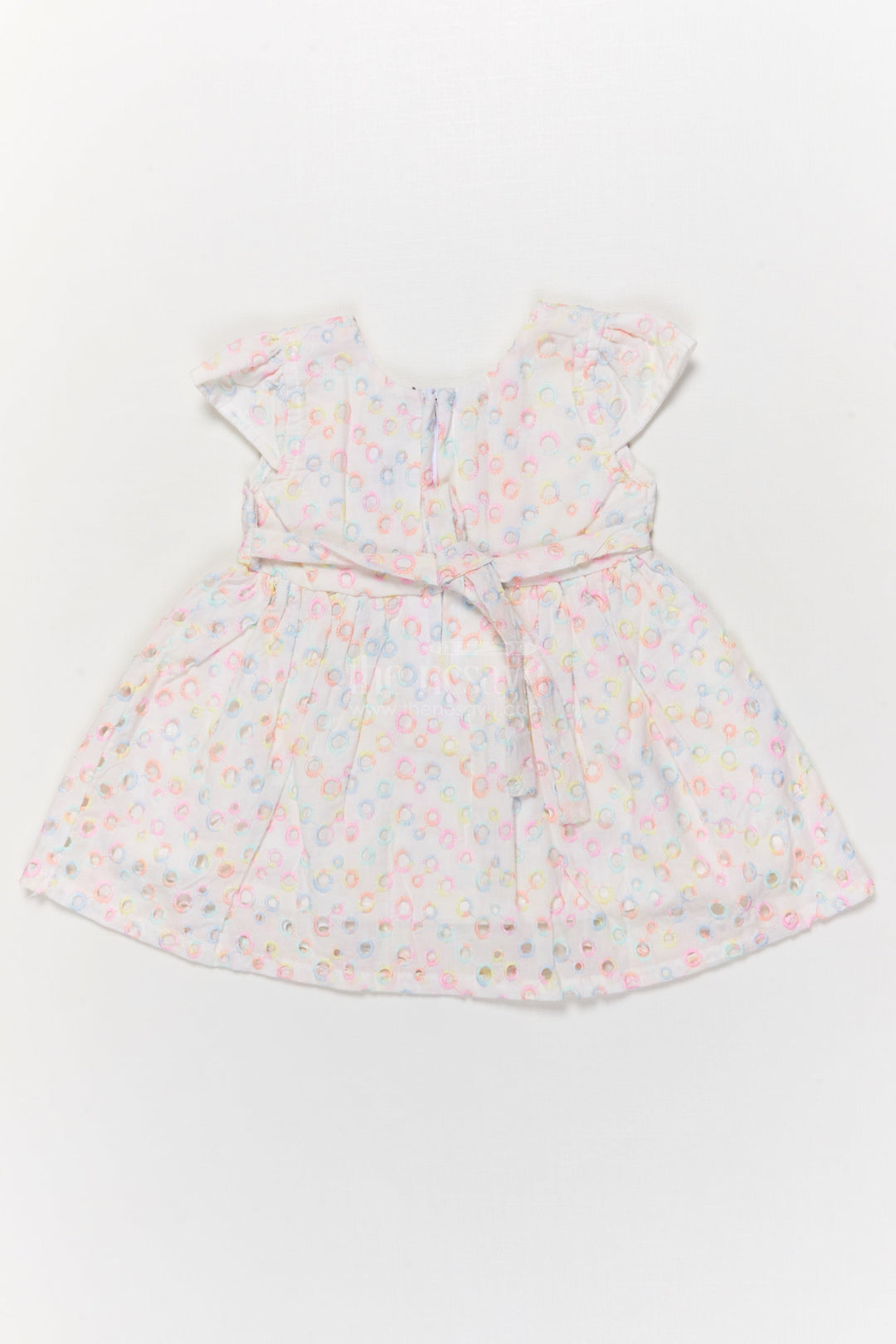The Nesavu Baby Cotton Frocks Yellow Baby Girl Hakoba Frock with Floral Patch and Pastel Circle Embroidery Nesavu Nesavu yellow Hakoba cotton frock for baby girls with embroidery and flower patch