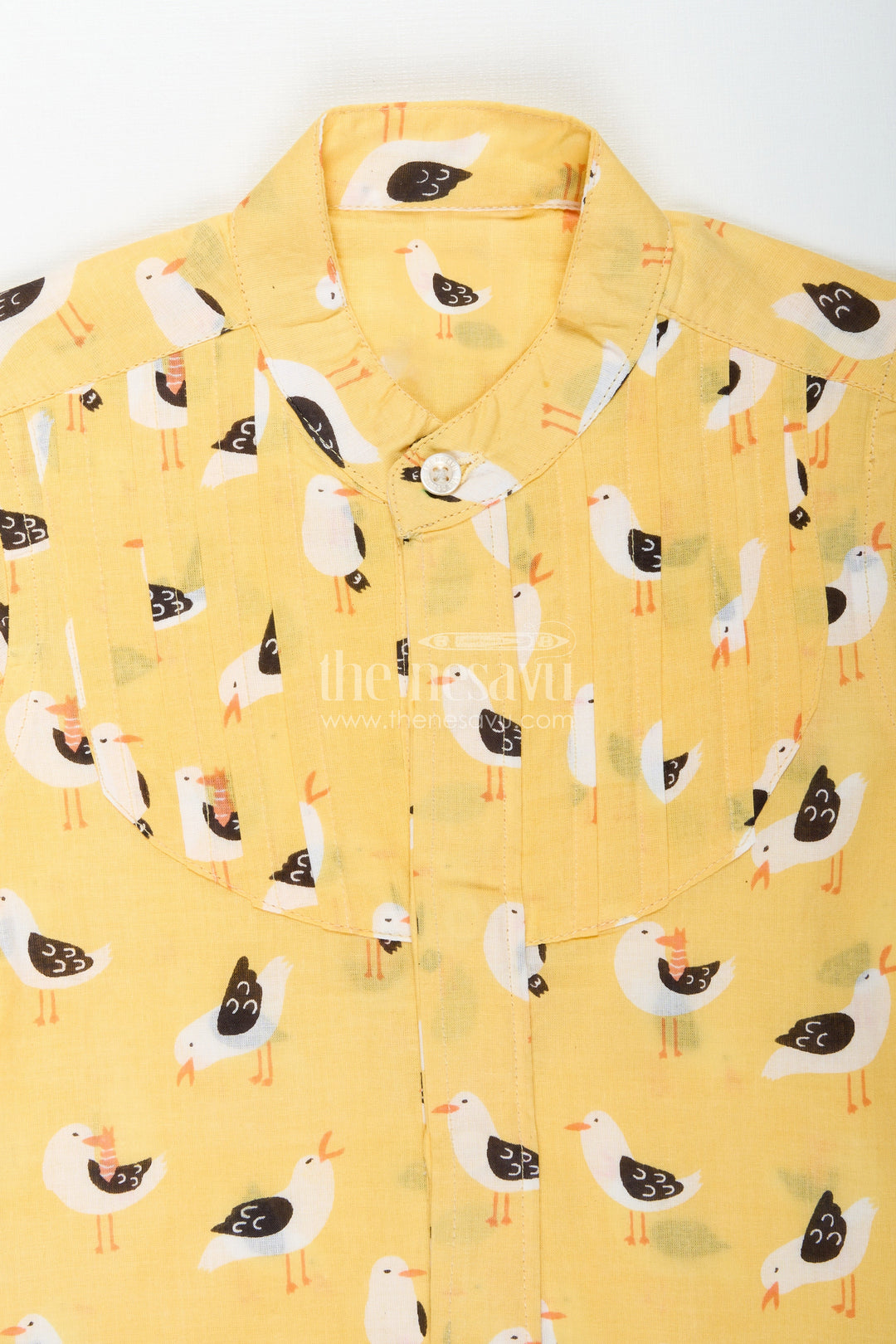 The Nesavu Boys Cotton Shirt Yellow Bird Print Boys Cotton Shirt with Mandarin Collar Lightweight & Stylish Nesavu Nesavu Boys Bird Print Cotton Shirt Daily Wear Pleated Front Comfortable Mandarin Collar