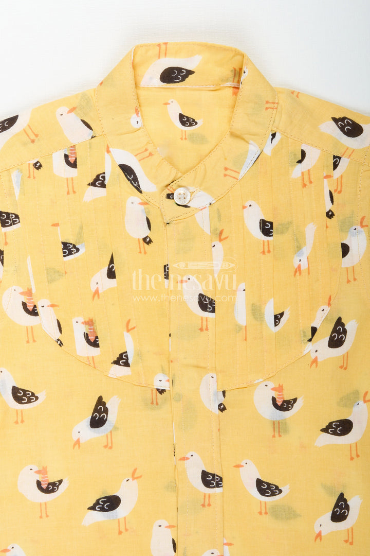 The Nesavu Boys Cotton Shirt Yellow Bird Print Boys Cotton Shirt with Mandarin Collar Lightweight & Stylish Nesavu Nesavu Boys Bird Print Cotton Shirt Daily Wear Pleated Front Comfortable Mandarin Collar