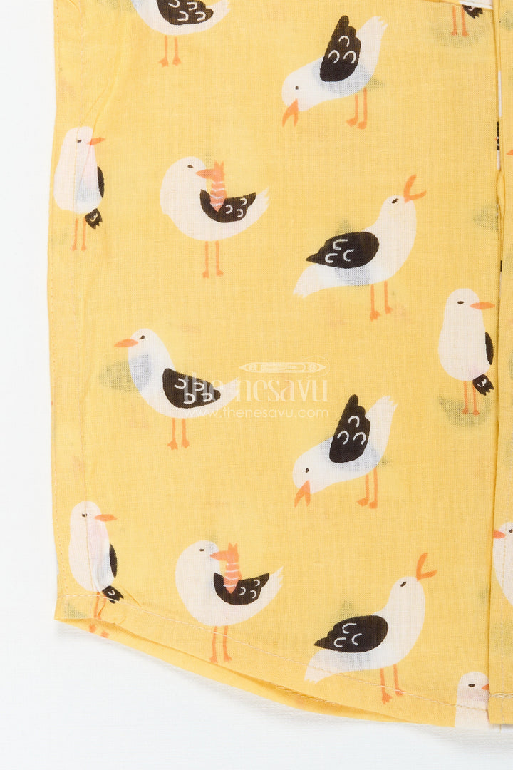 The Nesavu Boys Cotton Shirt Yellow Bird Print Boys Cotton Shirt with Mandarin Collar Lightweight & Stylish Nesavu Nesavu Boys Bird Print Cotton Shirt Daily Wear Pleated Front Comfortable Mandarin Collar