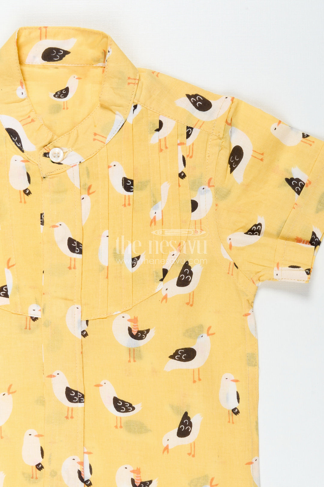 The Nesavu Boys Cotton Shirt Yellow Bird Print Boys Cotton Shirt with Mandarin Collar Lightweight & Stylish Nesavu Nesavu Boys Bird Print Cotton Shirt Daily Wear Pleated Front Comfortable Mandarin Collar