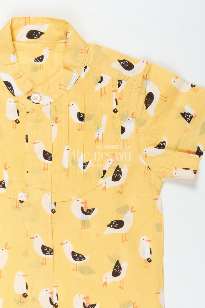 The Nesavu Boys Cotton Shirt Yellow Bird Print Boys Cotton Shirt with Mandarin Collar Lightweight & Stylish Nesavu Nesavu Boys Bird Print Cotton Shirt Daily Wear Pleated Front Comfortable Mandarin Collar