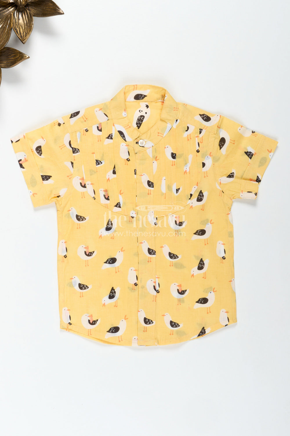 The Nesavu Boys Cotton Shirt Yellow Bird Print Boys Cotton Shirt with Mandarin Collar Lightweight & Stylish Nesavu Nesavu Boys Bird Print Cotton Shirt Daily Wear Pleated Front Comfortable Mandarin Collar