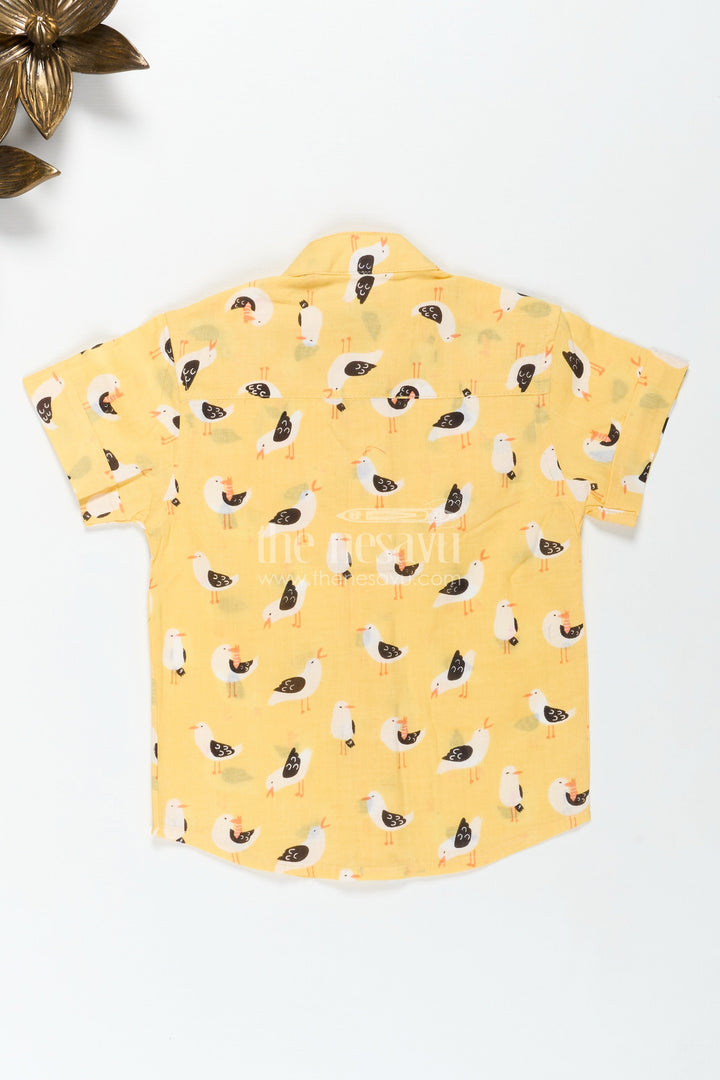 The Nesavu Boys Cotton Shirt Yellow Bird Print Boys Cotton Shirt with Mandarin Collar Lightweight & Stylish Nesavu Nesavu Boys Bird Print Cotton Shirt Daily Wear Pleated Front Comfortable Mandarin Collar