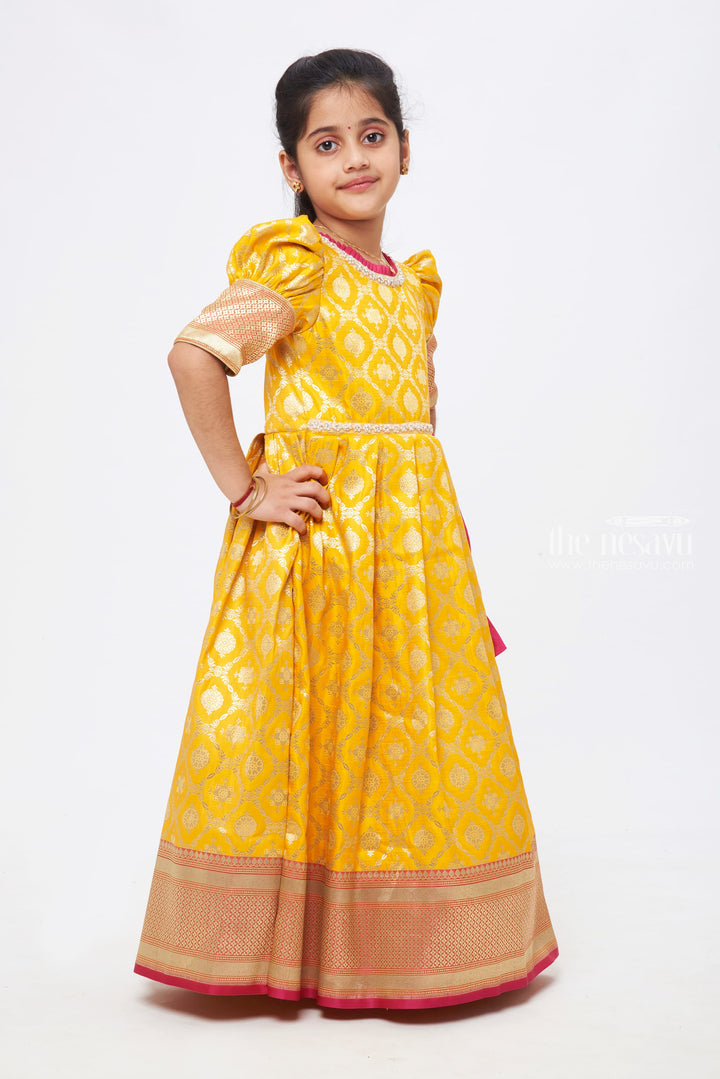 The Nesavu Silk Gown Yellow Blossom: Zari Floral Pleated Banarasi Silk Gown for Girls Nesavu Anarkali Festive and Casual Wear | Kid’s Stylish Anarkali Dress | The Nesavu