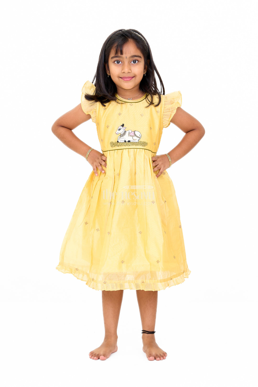 The Nesavu Girls Chanderi Frock Yellow Chanderi Cotton Frock with Pichwai Cow Embroidery – Adorable Traditional Attire for Girls Nesavu 12 (3M) / Yellow GFC1441A-12 Yellow Chanderi Cotton Frock Girls Pichwai Cow Embroidery Traditional Festive Wear Nesavu