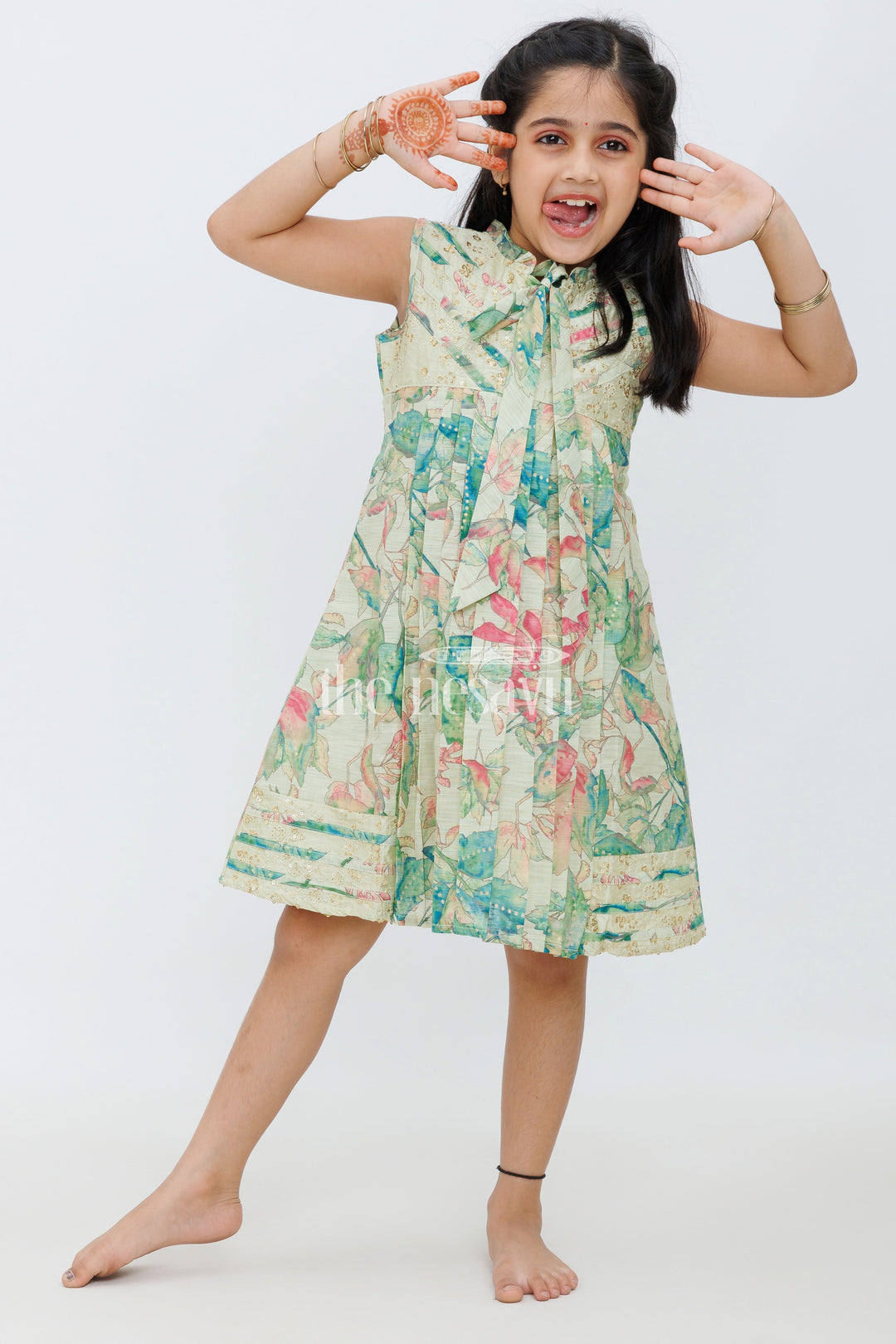 The Nesavu Girls Cotton Frock Yellow Chanderi Frock with Watercolor Floral Print and Pleated Design for Girls Nesavu 22 (4Y) / Yellow GFC1398A-22 Yellow Chanderi Frock with Floral Print and Pleats for Girls Nesavu