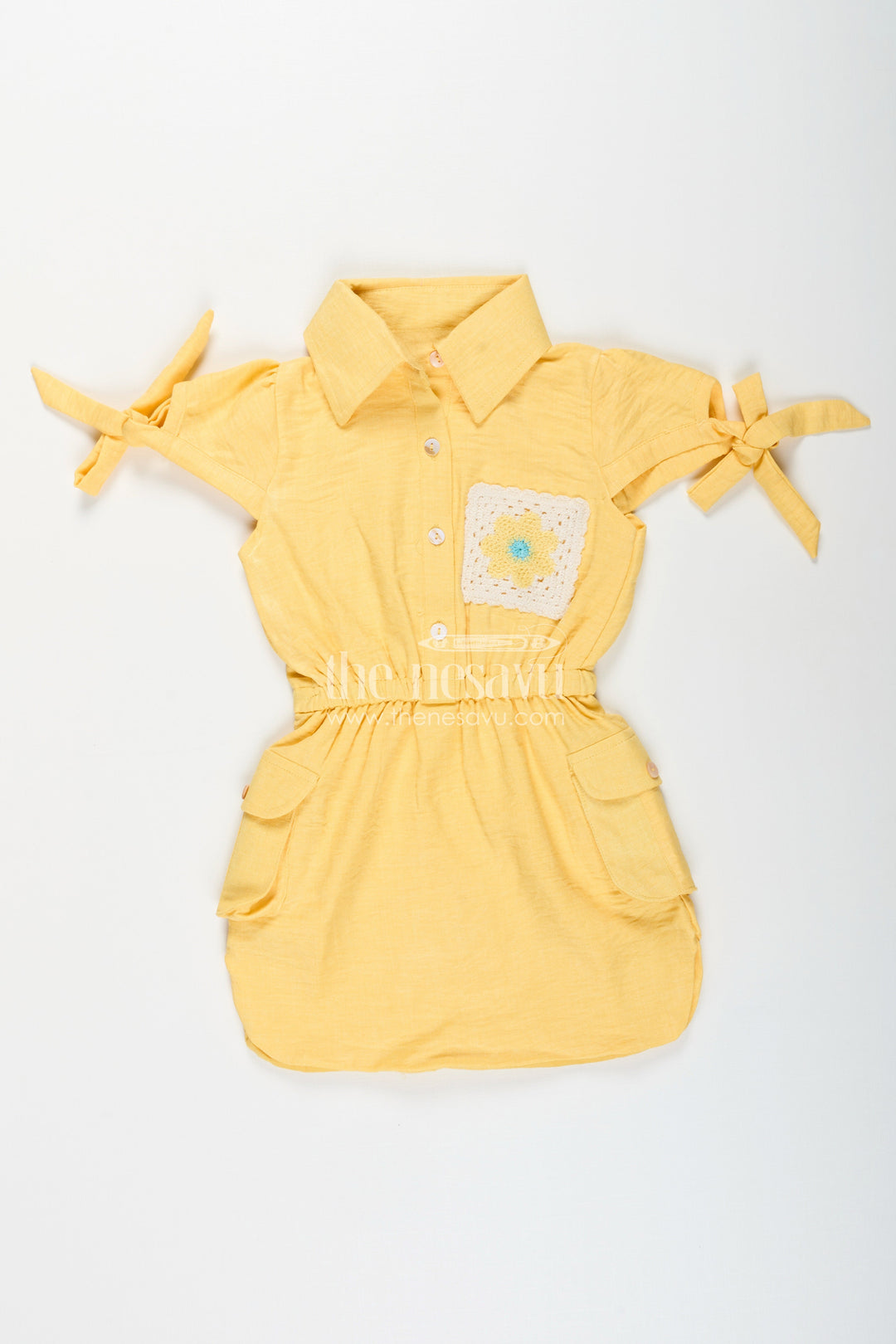 The Nesavu Girls Cotton Frock Yellow collared cotton frock with crochet detail for girls Nesavu Nesavu girls yellow cotton frock with collar and crochet pocket for casual summer wear