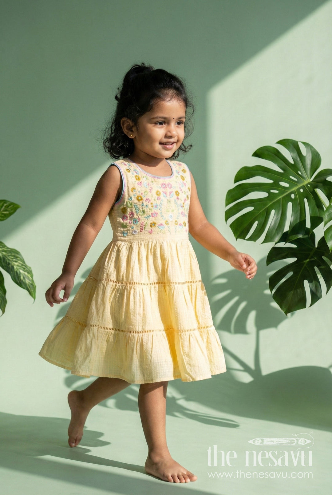 The Nesavu Girls Cotton Frock Yellow Cotton Frock for Toddler Girls with Floral Embroidery Nesavu 20 (3Y) / Yellow GFC1909A-20 Nesavu Yellow Cotton Frock Toddler Girls Sleeveless Dobby Dress Floral Embroidery
