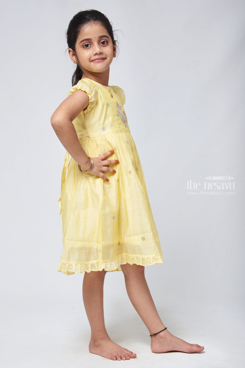 The Nesavu Frocks & Dresses Yellow Cotton Frock with Floral Embroidered Butta - Designer Charm Nesavu Floral Embroidered Cotton Frock | Cotton Frock for Girls | The Nesavu