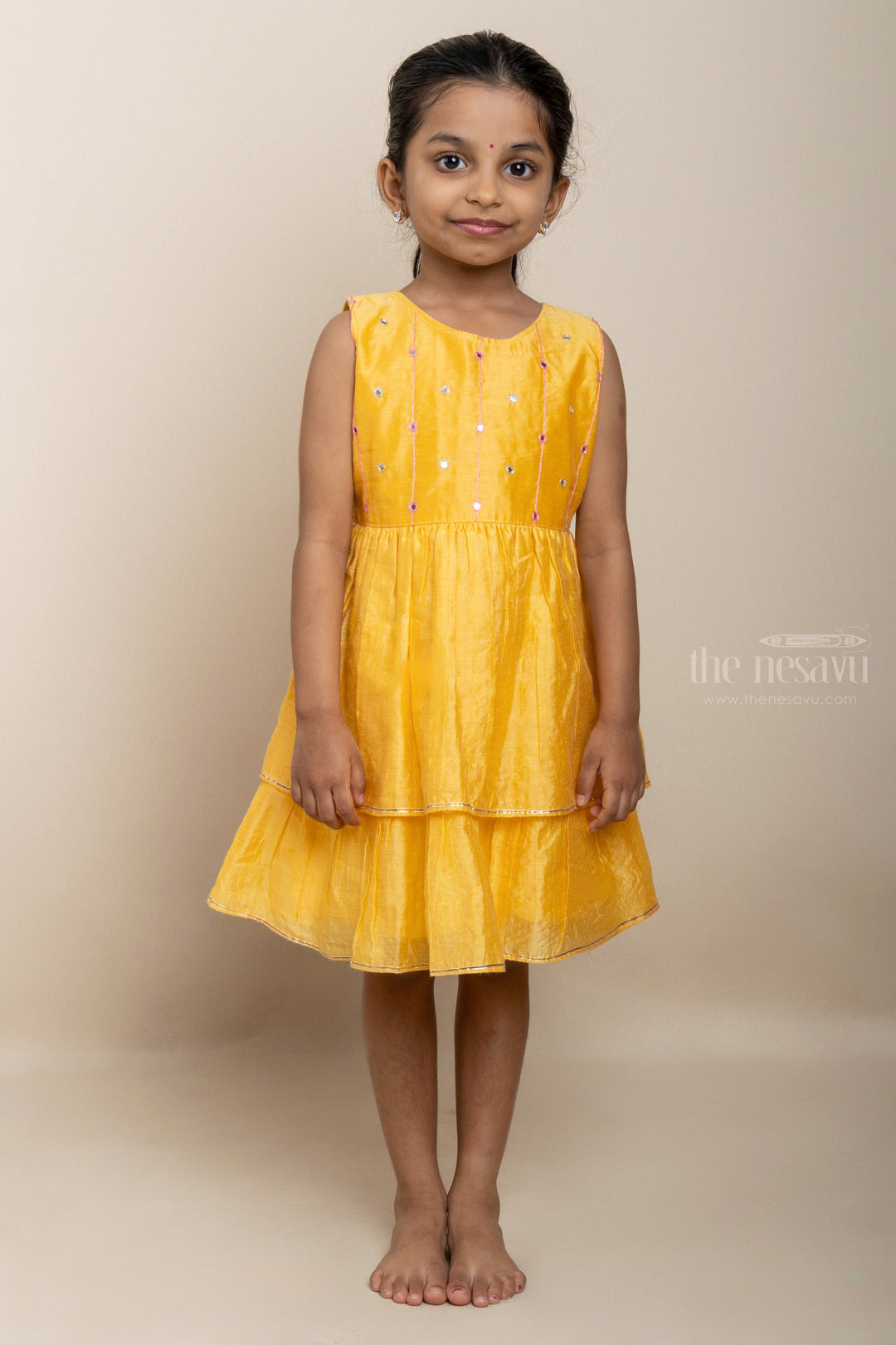 The Nesavu Girls Fancy Frock Yellow Double-Tiered Cotton Gown For Baby Girls With Designer Yoke Nesavu 14 (6M) / Yellow / Chanderi GFC939A-14 Simple Cotton Collection 2022 | Latest Casual Wear Ideas | The Nesavu