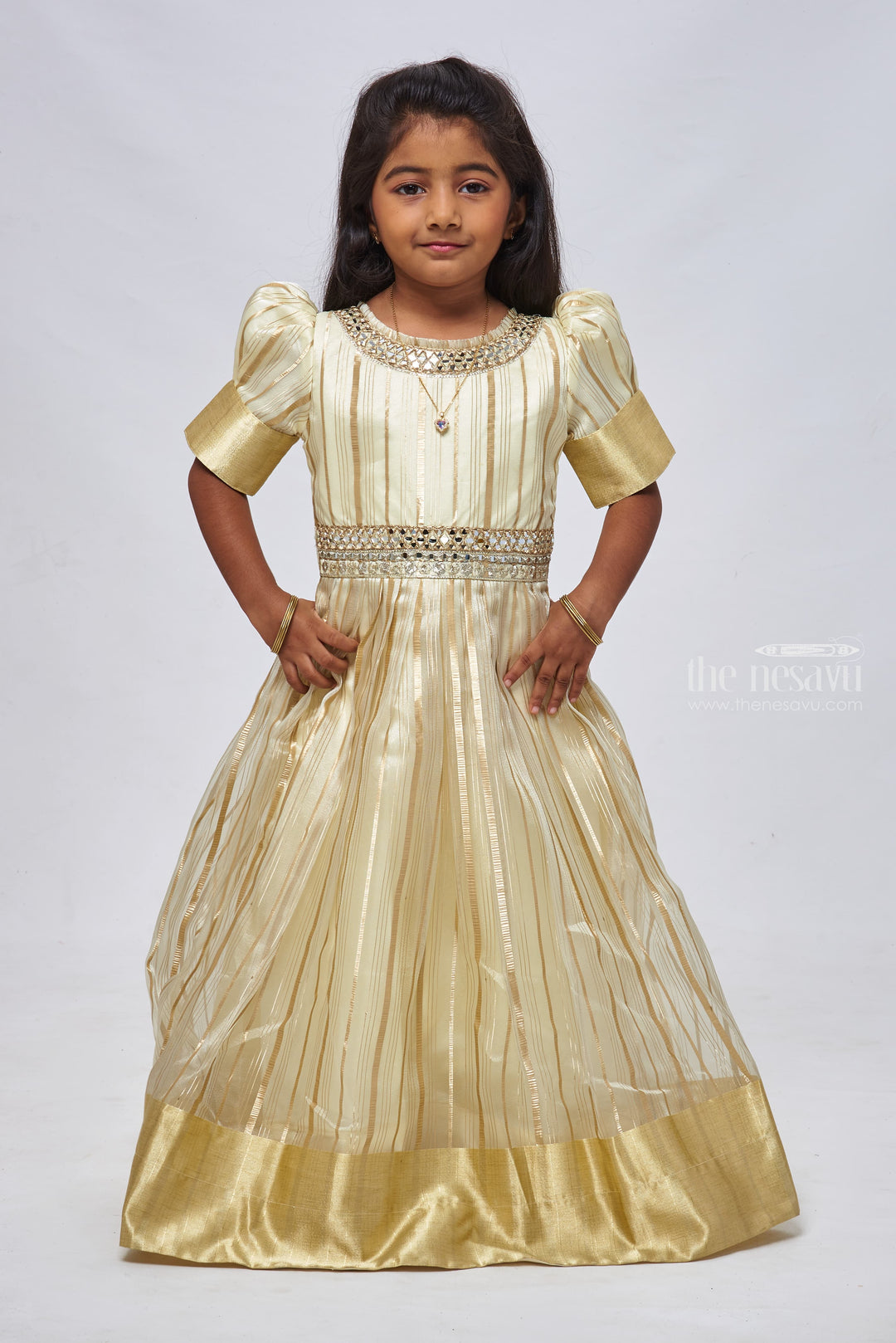 The Nesavu Girls Party Gown Yellow Elegance: Striped Organza Anarkali with Gota Mirror Embroidery for Girls Nesavu 18 (2Y) / Yellow / Organza GA149C-18 Golden Stripe Princess Gown with Puff Sleeves | Perfect for Special Occasions | The Nesavu