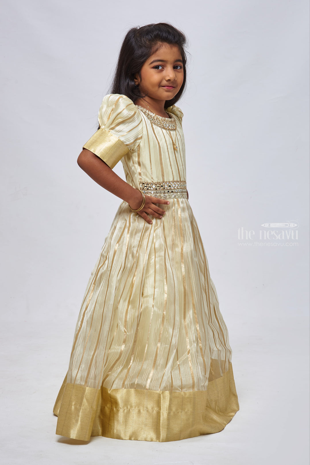 The Nesavu Girls Party Gown Yellow Elegance: Striped Organza Anarkali with Gota Mirror Embroidery for Girls Nesavu Golden Stripe Princess Gown with Puff Sleeves | Perfect for Special Occasions | The Nesavu