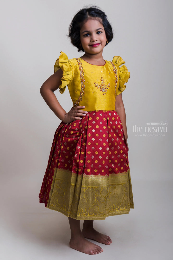 The Nesavu Silk Party Frock Yellow Embroidery Motif Yoke Semi-Silk Frock With Long Zari Border Nesavu Ruffled Sleeves Silk Frock Collection| Pongal Special Arrival| The Nesavu