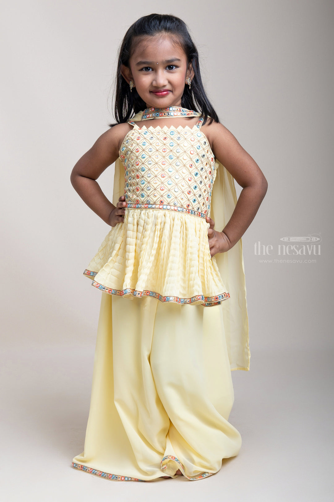 The Nesavu Girls Sharara / Plazo Set Yellow Embroidery Sequin Tunic Tops With Palazzo For Girls psr silks Nesavu 16 (1Y) / Yellow GPS115A