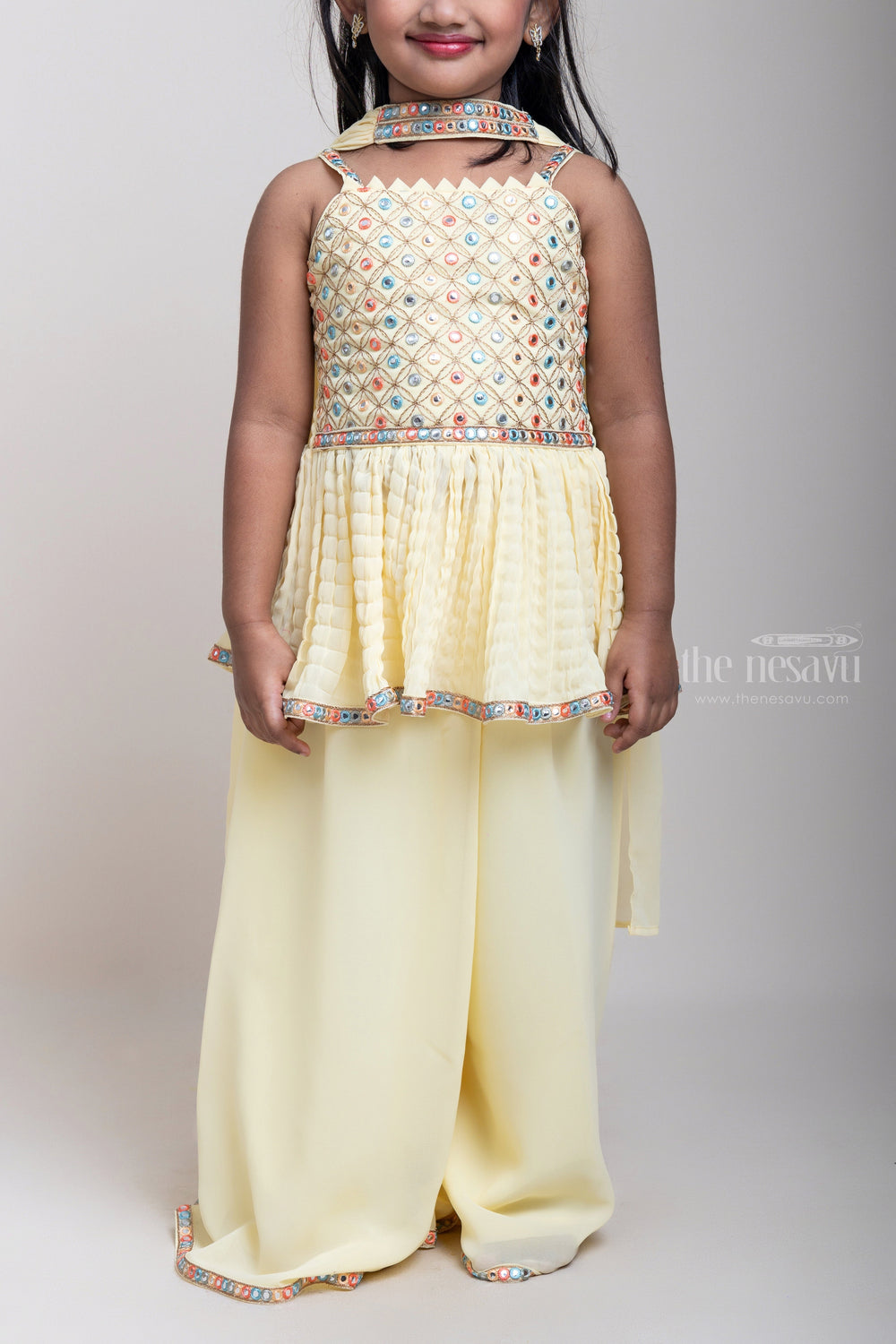 The Nesavu Girls Sharara / Plazo Set Yellow Embroidery Sequin Tunic Tops With Palazzo For Girls psr silks Nesavu