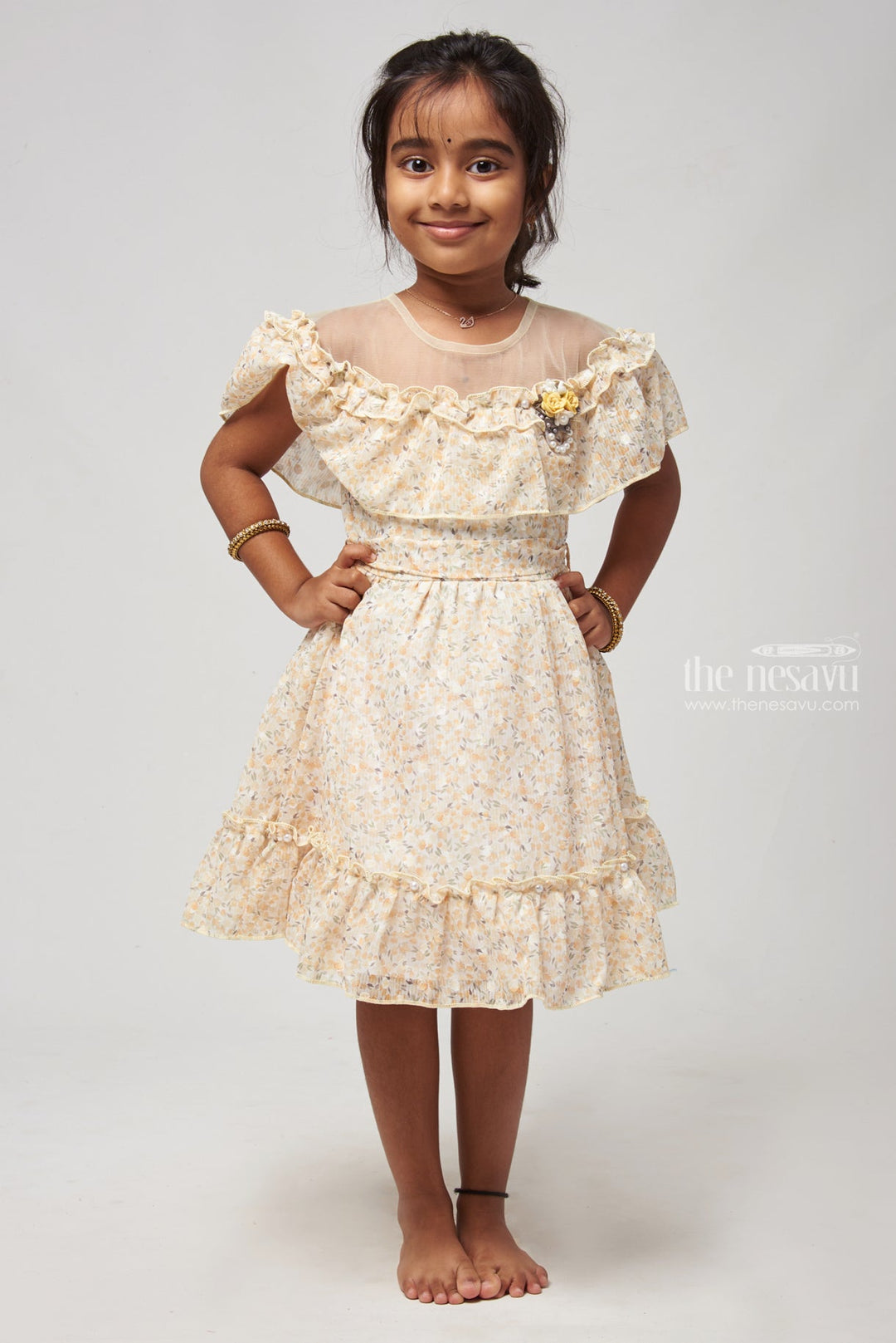 The Nesavu Baby Frock / Jhabla Yellow Floral Layered Flared Dress for Baby Elegance Nesavu 18 (2Y) / Yellow BFJ435A-18 Floral Fancy Frock For Babys | Printed Frock For Babys | The Nesavu