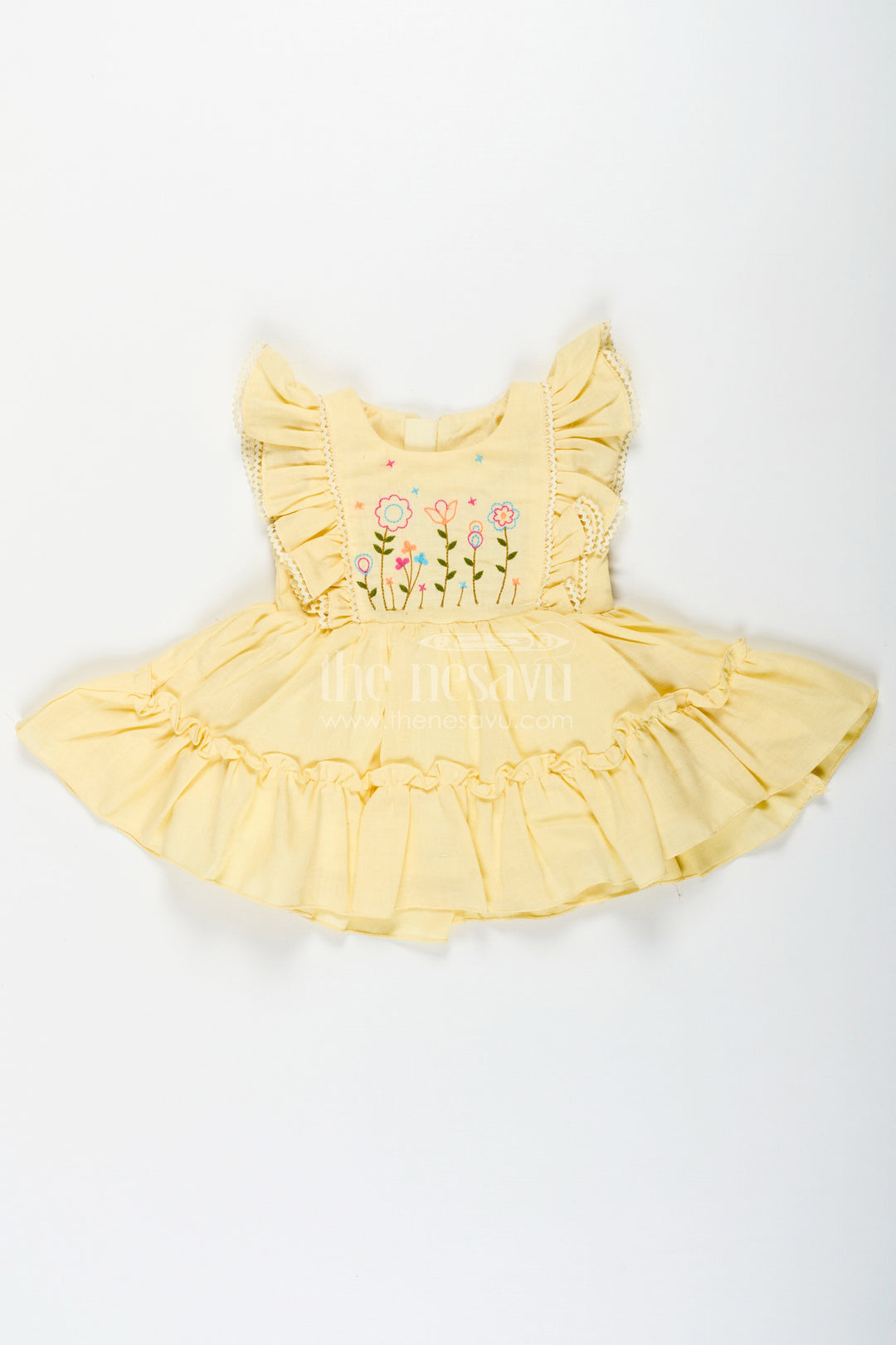 The Nesavu Girls Cotton Frock Yellow Frock for Baby Girl with Colorful Floral Embroidery and Ruffled Sleeves in Soft Cotton Nesavu 14 (6M) / Yellow BFJ770B-14 Nesavu Yellow Frock Baby Girl Embroidered Floral Design Ruffle Sleeves Cotton