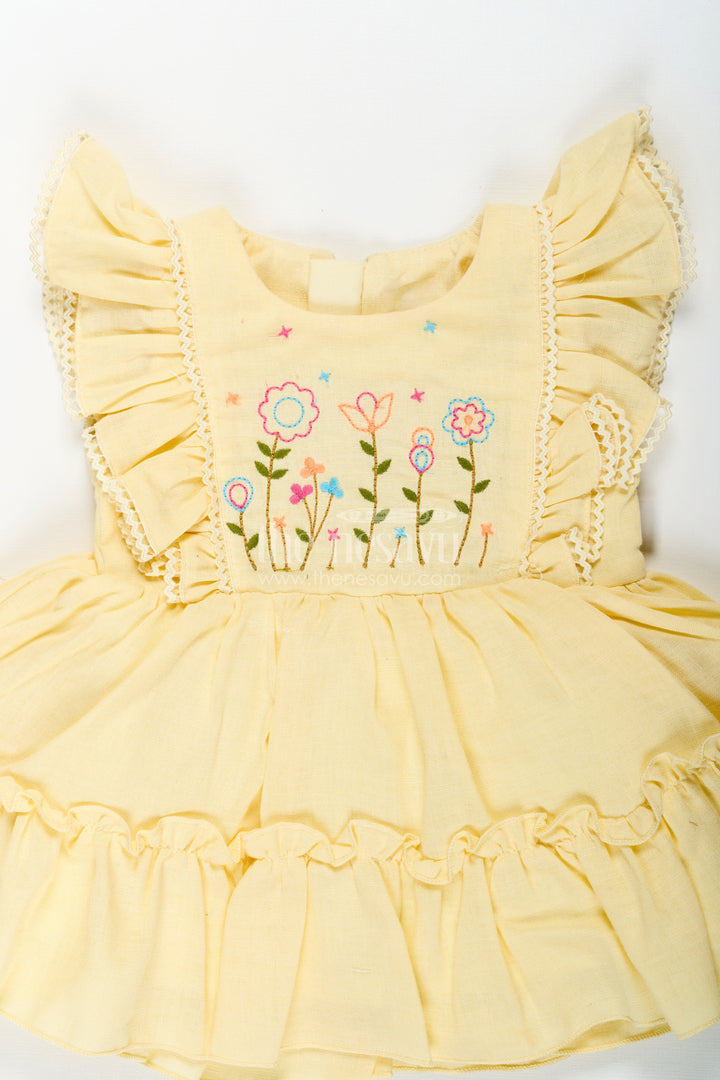 The Nesavu Girls Cotton Frock Yellow Frock for Baby Girl with Colorful Floral Embroidery and Ruffled Sleeves in Soft Cotton Nesavu Nesavu Yellow Frock Baby Girl Embroidered Floral Design Ruffle Sleeves Cotton