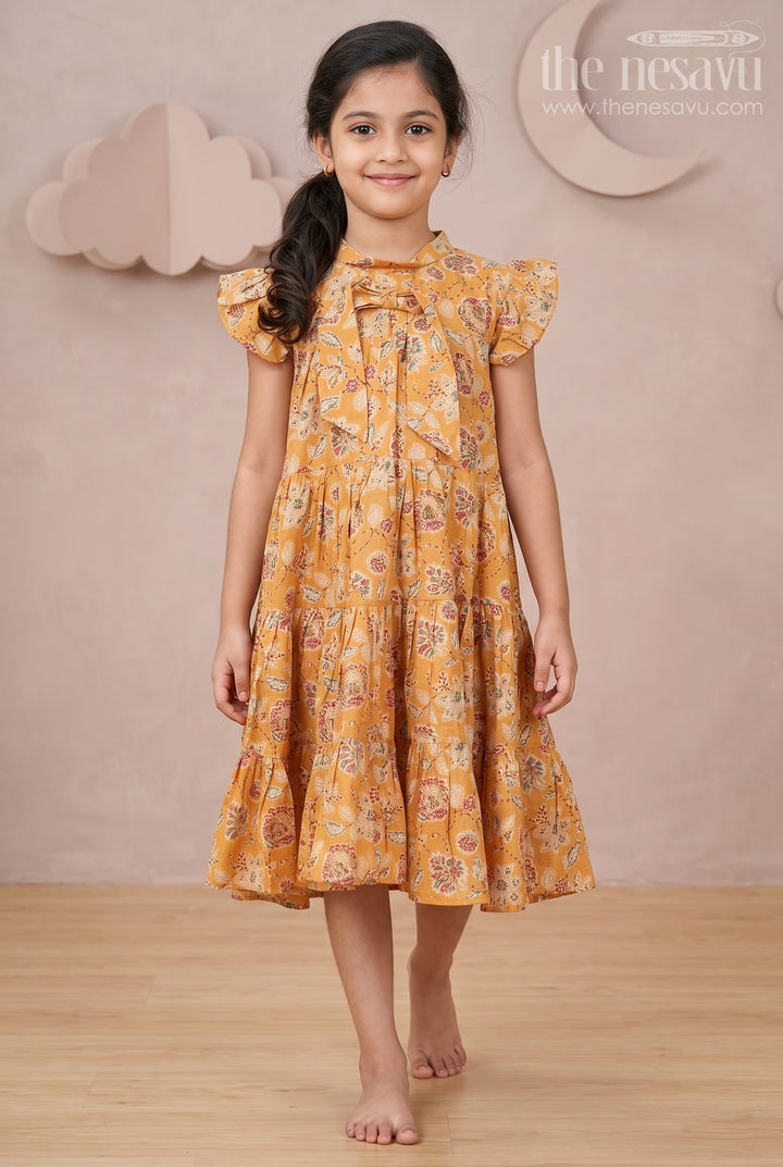 The Nesavu Girls Cotton Frock Yellow Frock for Baby Girls in Modal Silk with Digital Floral Print and Ruffled Sleeves Nesavu 18 (2Y) / Yellow GFC1692A-18 Yellow Frock Baby Girls Soft Modal Silk Floral Digital Print Ruffle Detailing | The Nesavu
