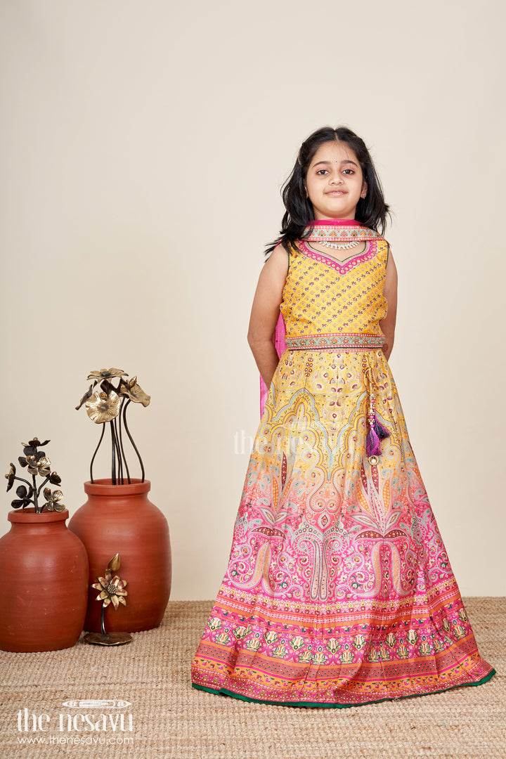 The Nesavu Girls Lehenga Choli Yellow Girls Lehenga Choli For Festive Occasions Vibrant Silk Outfit With Traditional Prints Nesavu Nesavu Yellow Girls Lehenga Choli Festive Occasions Vibrant Silk Outfit Traditional Prints