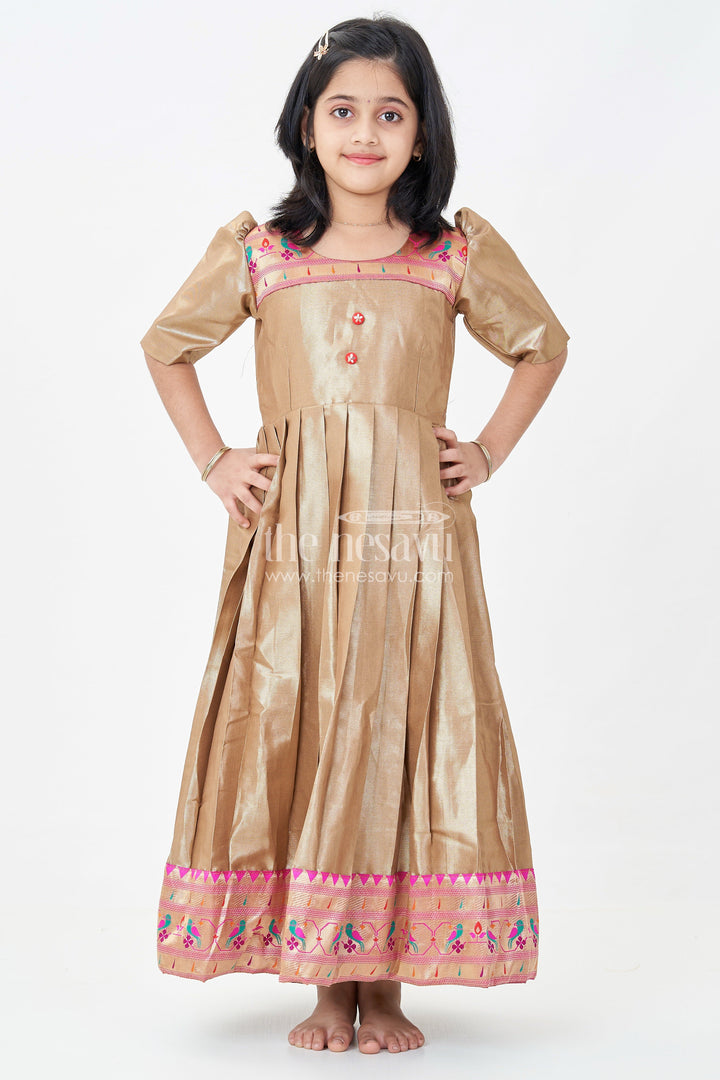 The Nesavu Girls Silk Gown Yellow Gold Gown for Girls in Tissue Silk with Rich Pleats and Paithani Embellished Hemline Nesavu Yellow Gold Gown Girls Tissue Silk Pleated Design Paithani Hemline | The Nesavu