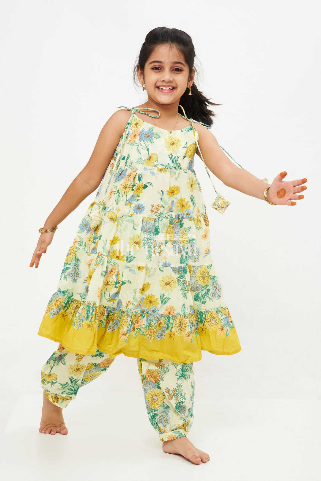 The Nesavu Girls Sharara / Plazo Set Yellow Green Gharara Set for Girls with Jaipur Hand Block Print Design Nesavu 16 (1Y) / multicolor GPS357A-16 Yellow Green Gharara Set for Girls with Jaipur Hand Block Print