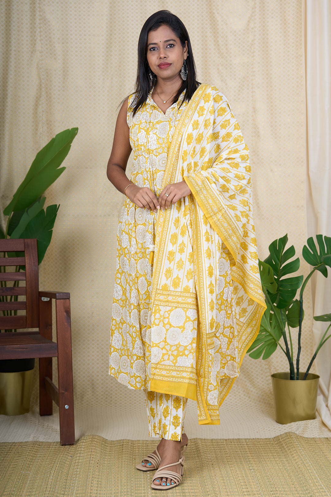 Yellow Cotton Salwar Suit Set for Women Hand Block Printed Kurta