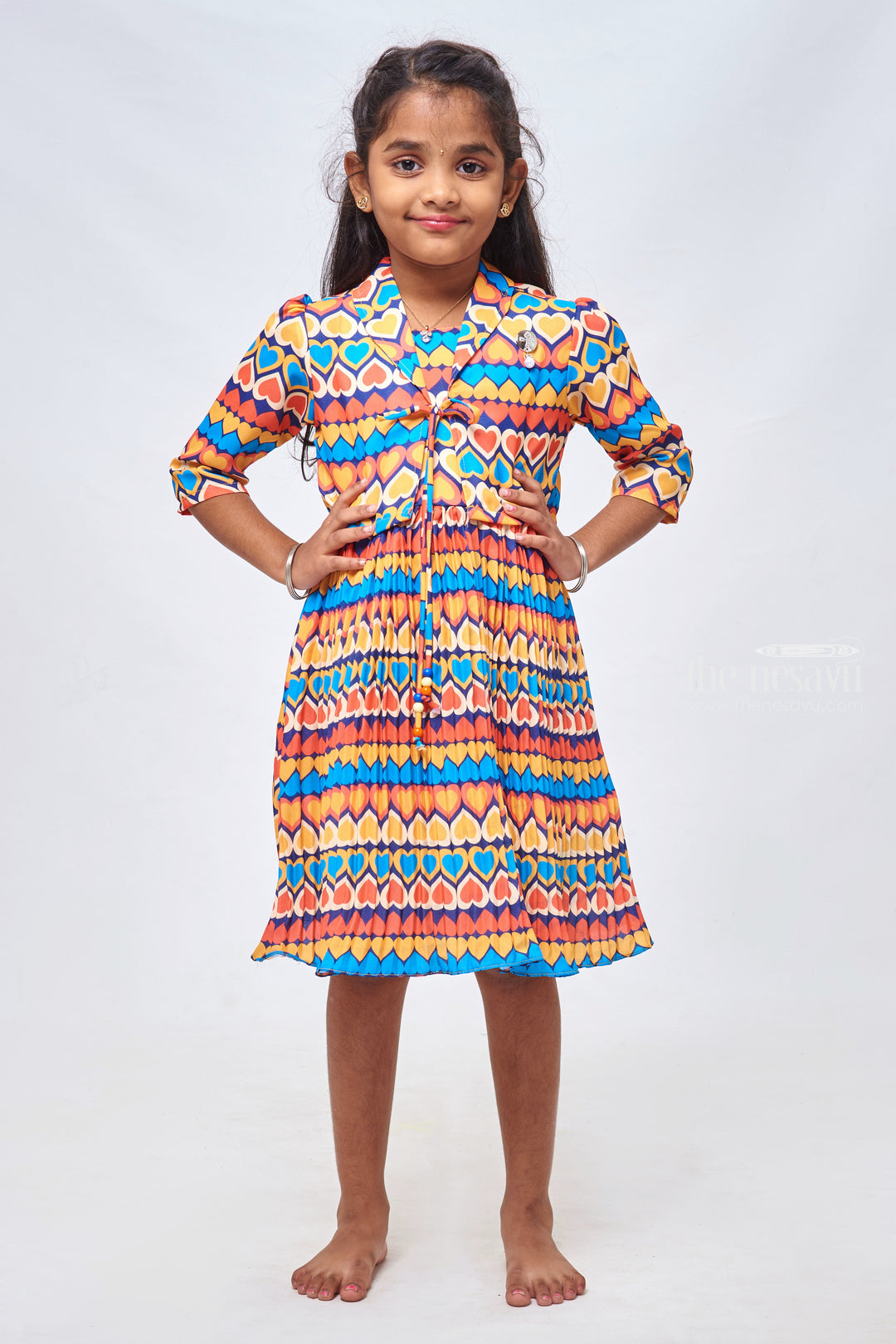 The Nesavu Girls Fancy Frock Yellow Heart Delight: Online Frock Pleated Fancy Frock with Collared Overcoat for Girls Nesavu 20 (3Y) / Yellow / Georgette GFC1159A-20 Daily Wear Cotton Frocks for Children | Chic Cotton Frock Designs for Girls | The Nesavu