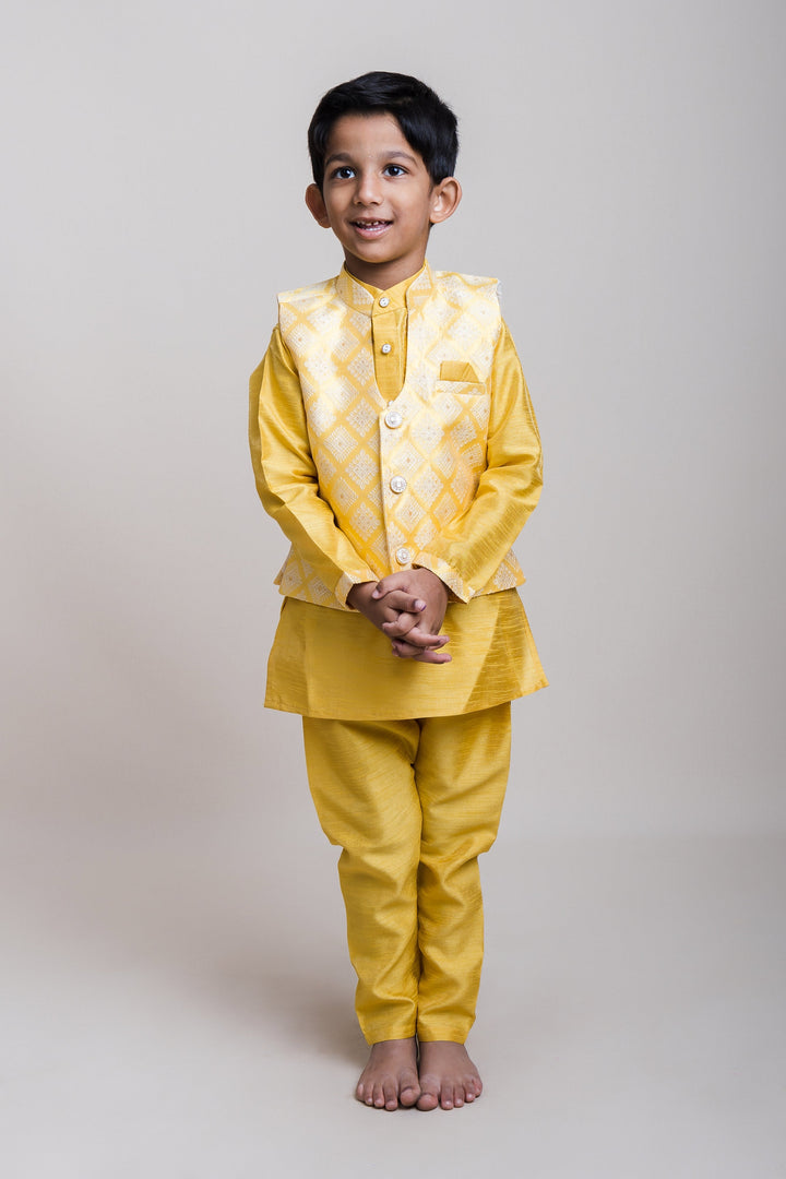The Nesavu Boys Jacket Sets Yellow Kurta And Pants With Embroidered Designer Overcoat For Little Boys Nesavu 16 (1Y) / Yellow / Silk Blend BES263B-16 Festive Wear Kurta Set Online| Pongal Special| The Nesavu