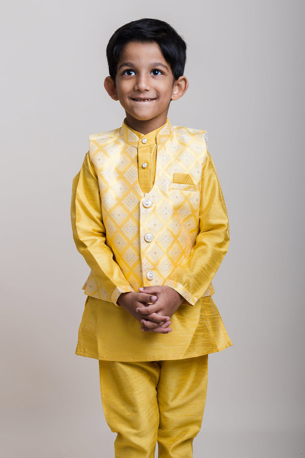 The Nesavu Boys Jacket Sets Yellow Kurta And Pants With Embroidered Designer Overcoat For Little Boys Nesavu Festive Wear Kurta Set Online| Pongal Special| The Nesavu