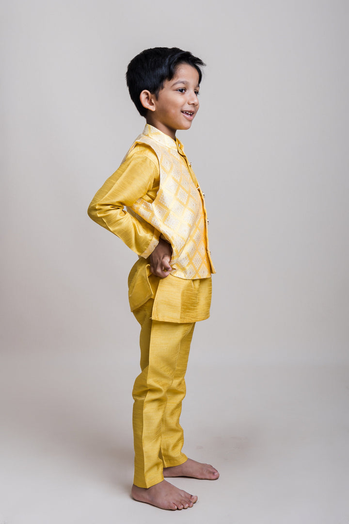 The Nesavu Boys Jacket Sets Yellow Kurta And Pants With Embroidered Designer Overcoat For Little Boys Nesavu Festive Wear Kurta Set Online| Pongal Special| The Nesavu