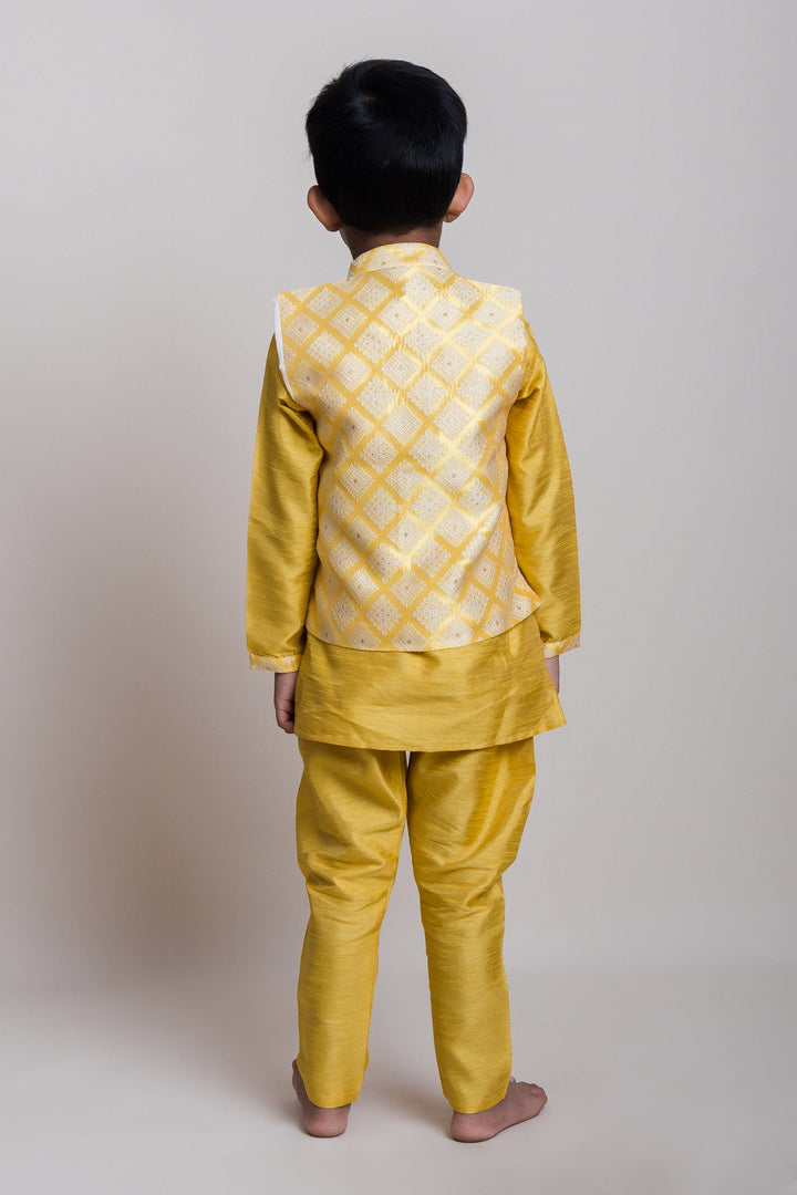 The Nesavu Boys Jacket Sets Yellow Kurta And Pants With Embroidered Designer Overcoat For Little Boys Nesavu Festive Wear Kurta Set Online| Pongal Special| The Nesavu