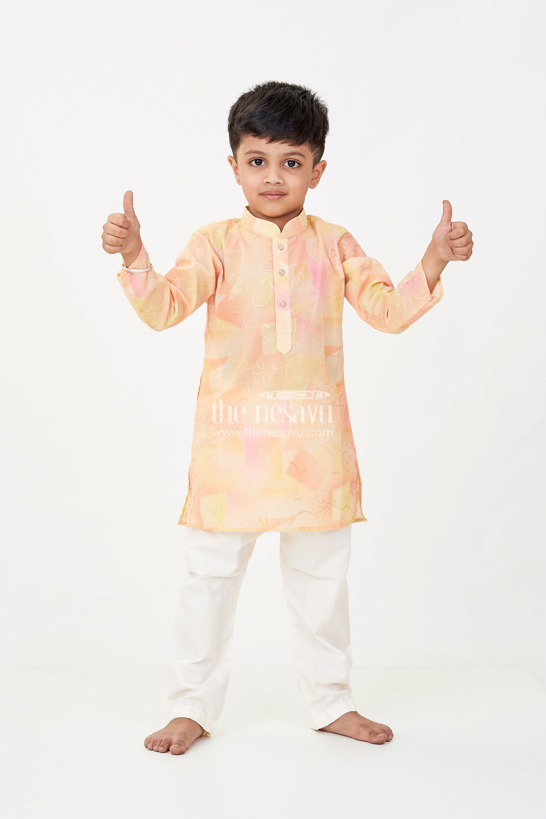 The Nesavu Boys Kurtha Set Yellow Kurta Set for Men in Boys Modal Silk with Subtle Thread Embroidery and Off White Pajama Nesavu 14 (6M) / Yellow BES697A-14 Nesavu Yellow Kurta Set for Men Style in Boys Modal Silk with Thread Embroidery and Cream Pants