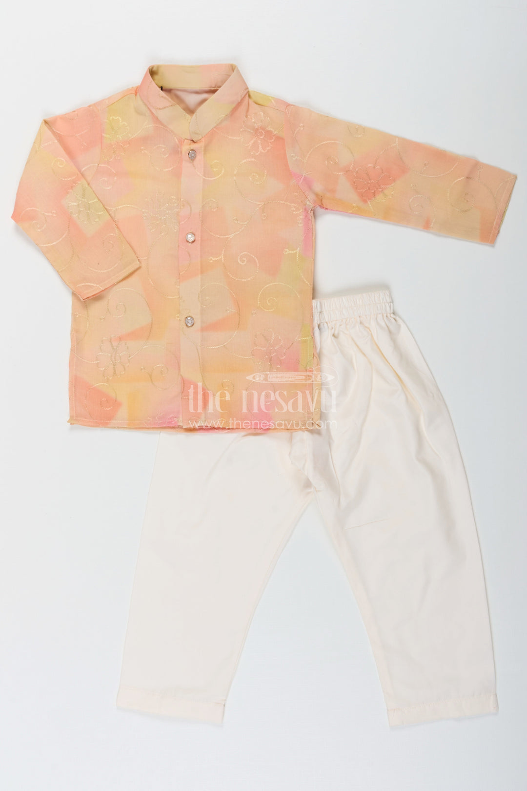 The Nesavu Boys Kurtha Set Yellow Kurta Set for Men in Boys Modal Silk with Subtle Thread Embroidery and Off White Pajama Nesavu Nesavu Yellow Kurta Set for Men Style in Boys Modal Silk with Thread Embroidery and Cream Pants