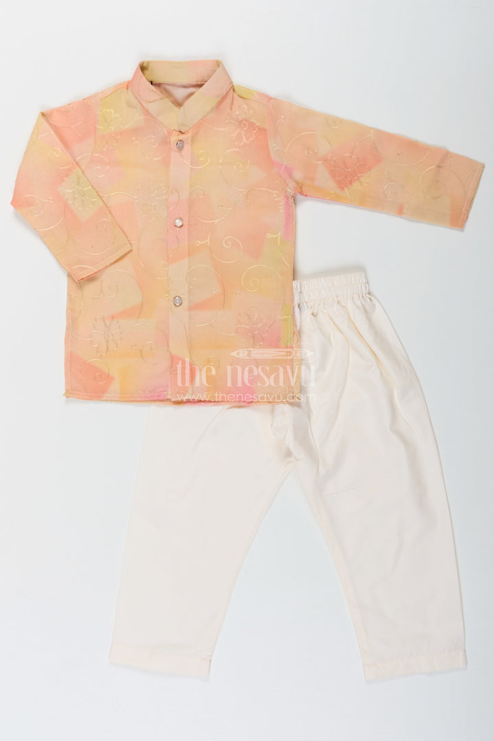 The Nesavu Boys Kurtha Set Yellow Kurta Set for Men in Boys Modal Silk with Subtle Thread Embroidery and Off White Pajama Nesavu Nesavu Yellow Kurta Set for Men Style in Boys Modal Silk with Thread Embroidery and Cream Pants