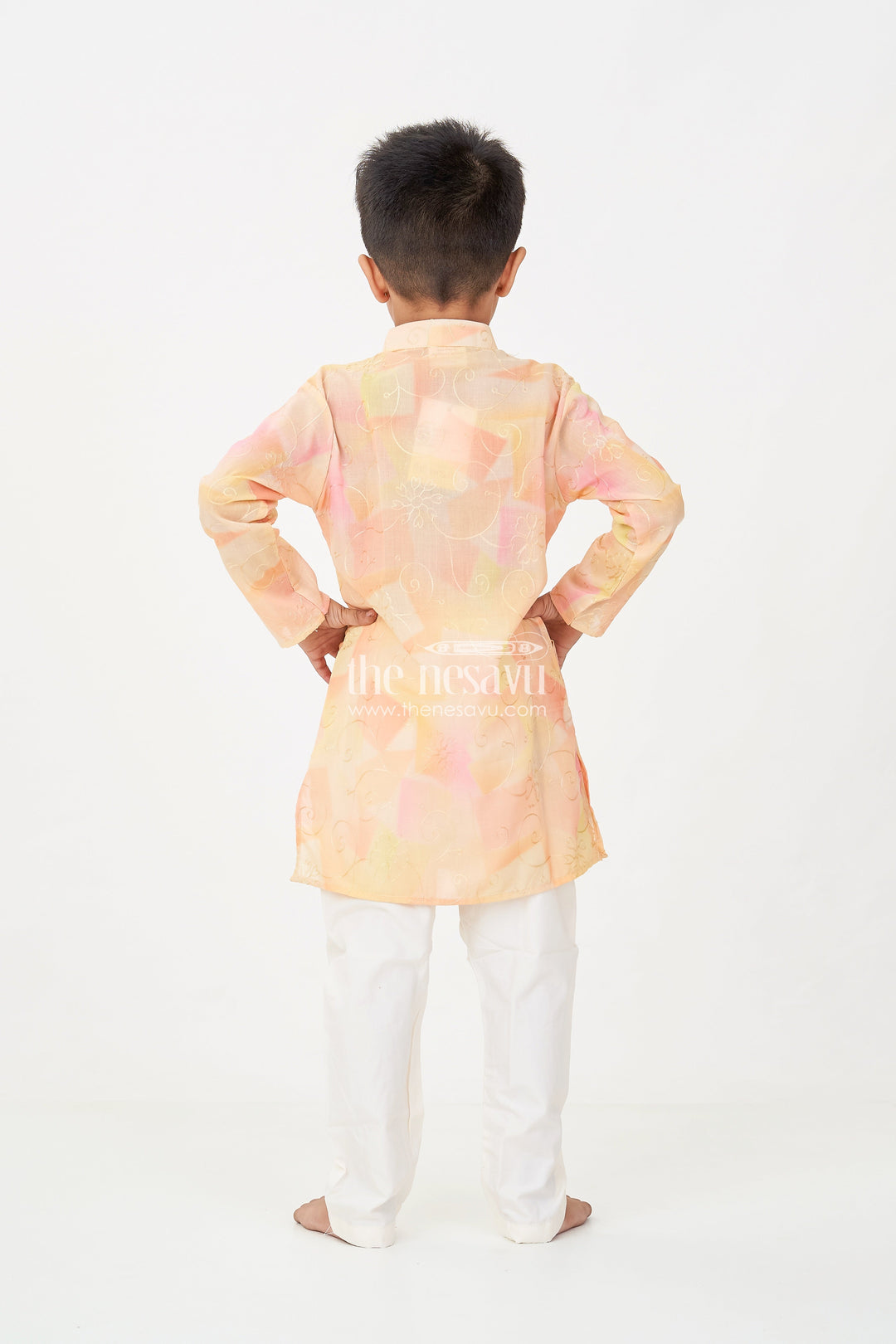 The Nesavu Boys Kurtha Set Yellow Kurta Set for Men in Boys Modal Silk with Subtle Thread Embroidery and Off White Pajama Nesavu Nesavu Yellow Kurta Set for Men Style in Boys Modal Silk with Thread Embroidery and Cream Pants