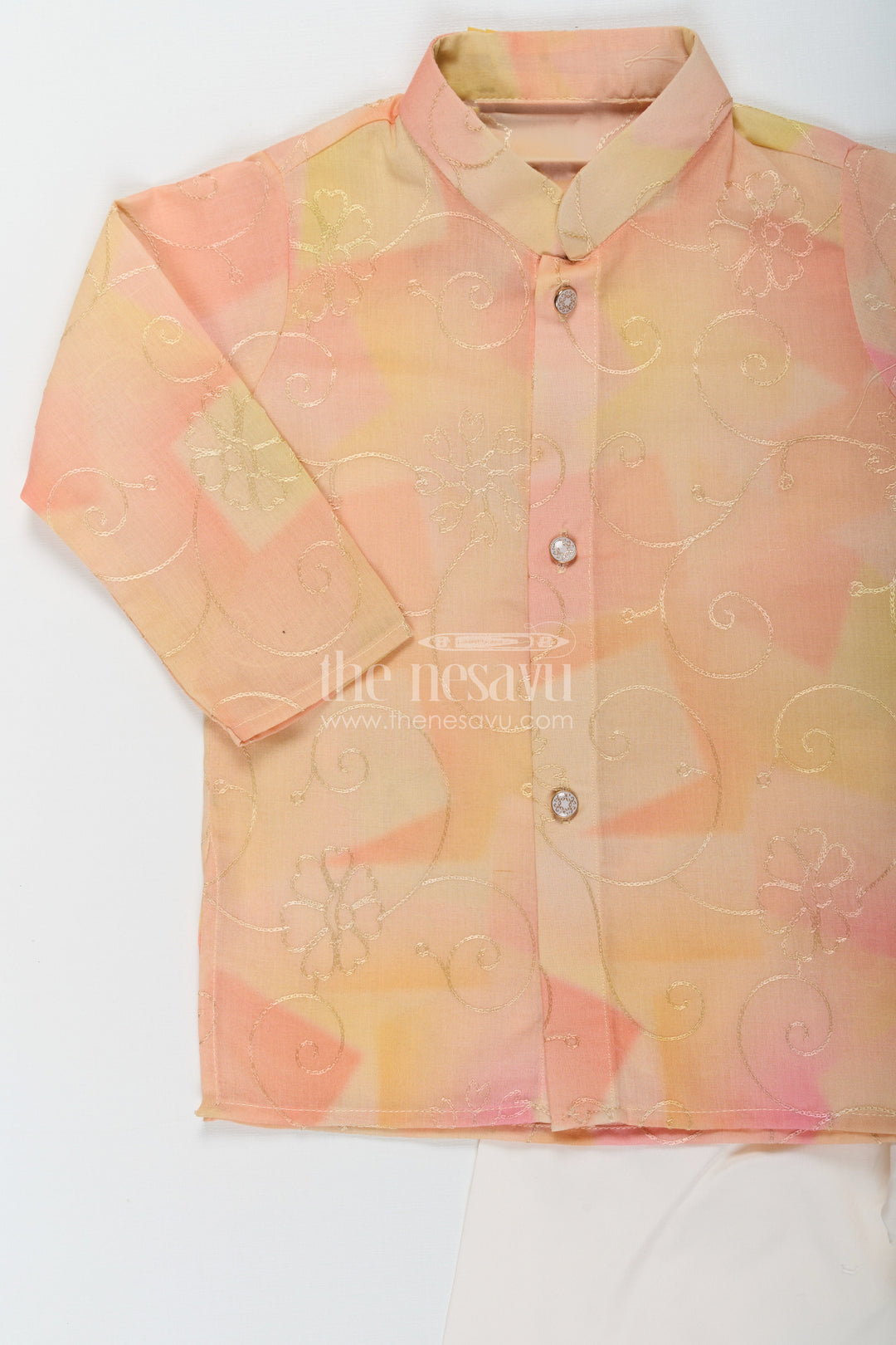The Nesavu Boys Kurtha Set Yellow Kurta Set for Men in Boys Modal Silk with Subtle Thread Embroidery and Off White Pajama Nesavu Nesavu Yellow Kurta Set for Men Style in Boys Modal Silk with Thread Embroidery and Cream Pants
