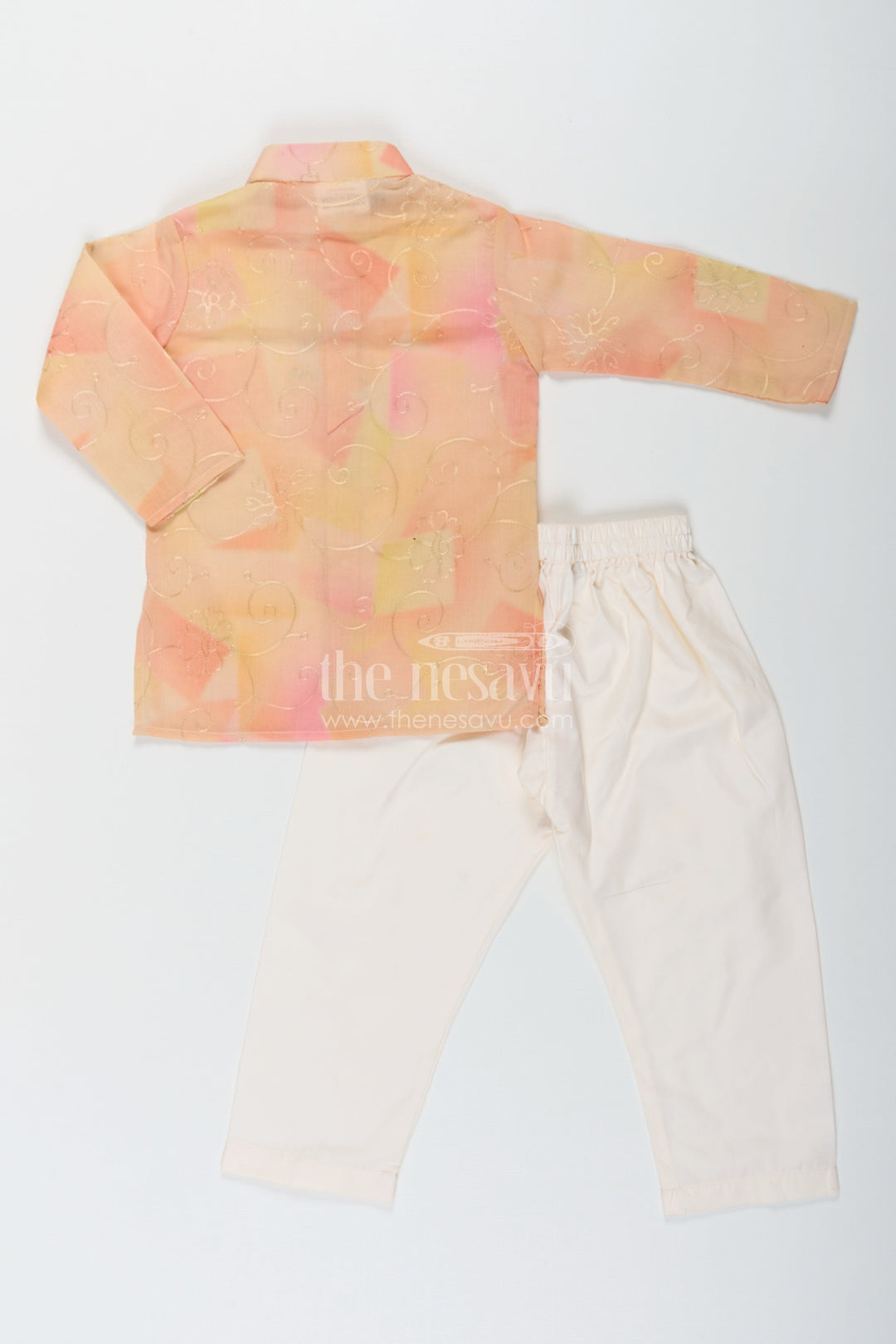 The Nesavu Boys Kurtha Set Yellow Kurta Set for Men in Boys Modal Silk with Subtle Thread Embroidery and Off White Pajama Nesavu Nesavu Yellow Kurta Set for Men Style in Boys Modal Silk with Thread Embroidery and Cream Pants