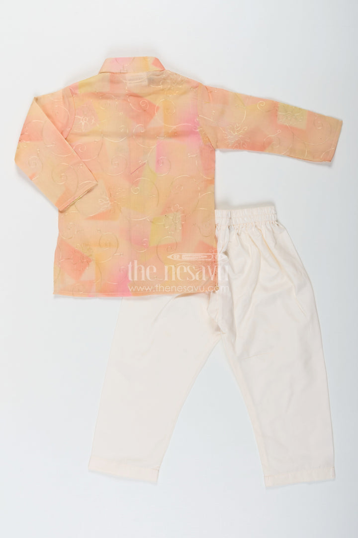 The Nesavu Boys Kurtha Set Yellow Kurta Set for Men in Boys Modal Silk with Subtle Thread Embroidery and Off White Pajama Nesavu Nesavu Yellow Kurta Set for Men Style in Boys Modal Silk with Thread Embroidery and Cream Pants