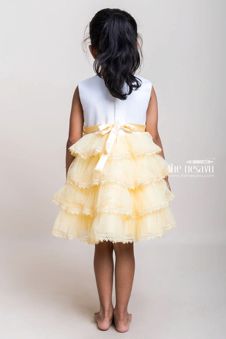 The Nesavu Girls Tutu Frock Yellow Layered Party Net Gown With Lace Embellishments For Girls Nesavu Latest Yellow Netted Party Gowns 2023| Stylish Frocks| The Nesavu