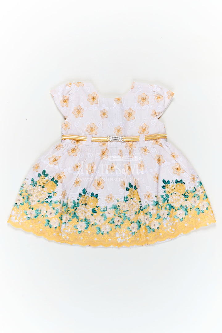 The Nesavu Baby Cotton Frocks Yellow Newborn Outfit in Hakoba Cotton with Floral Detailing and Rhinestone Belt for Girls Nesavu 14 (6M) / Yellow BFJ808C-14 Nesavu Yellow Newborn Outfit Girls Hakoba Cotton Floral Print Satin Belt Accent