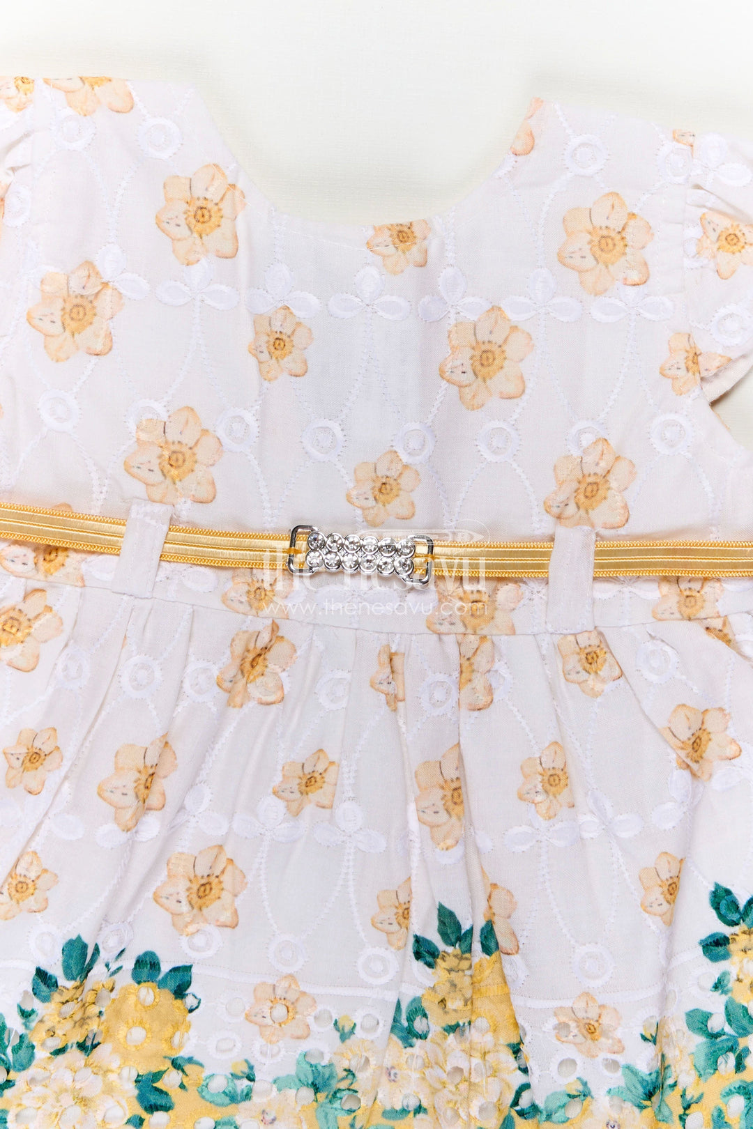 The Nesavu Baby Cotton Frocks Yellow Newborn Outfit in Hakoba Cotton with Floral Detailing and Rhinestone Belt for Girls Nesavu Nesavu Yellow Newborn Outfit Girls Hakoba Cotton Floral Print Satin Belt Accent