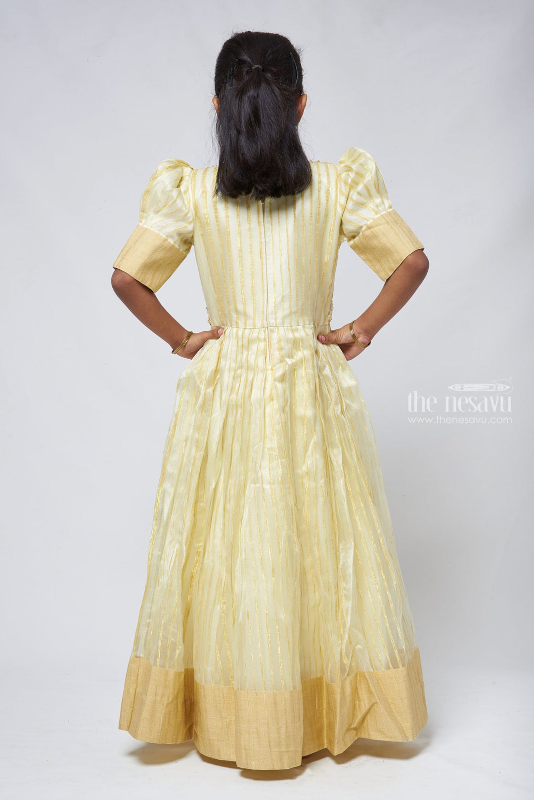 The Nesavu Party Gown Yellow Organza Party Wear Gown Dress with Faux Mirror Embellished Hip Band Nesavu Yellow Organza Party Wear Gown Dress with Faux Mirror Embellished Hip Band | The Nesavu