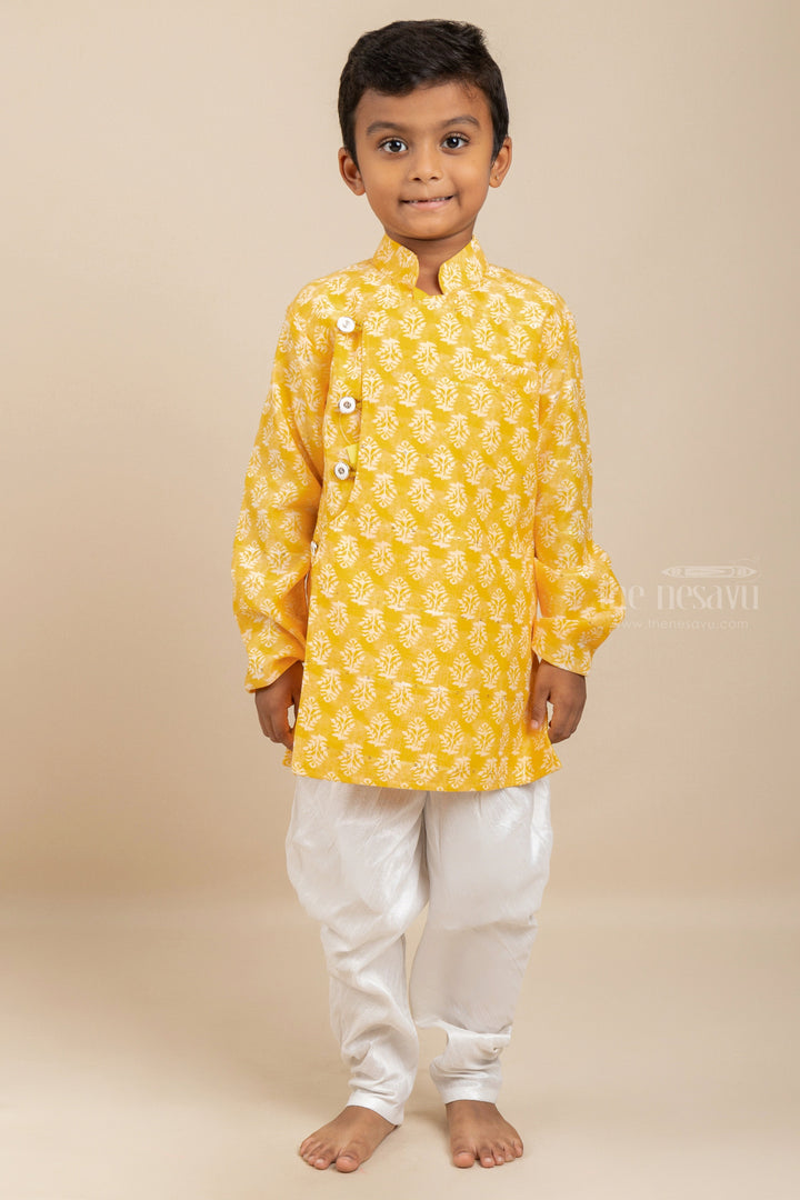 The Nesavu Boys Kurtha Set Yellow Printed Mandarin Collar Kurta Dress For New Born Baby Boys Nesavu 12 (3M) / Yellow / Chanderi BES111-12 Yellow Kurta Wear For New Born Infant | Readymade Kurta Ideas | The Nesavu