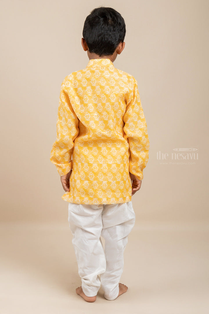 The Nesavu Boys Kurtha Set Yellow Printed Mandarin Collar Kurta Dress For New Born Baby Boys Nesavu Yellow Kurta Wear For New Born Infant | Readymade Kurta Ideas | The Nesavu