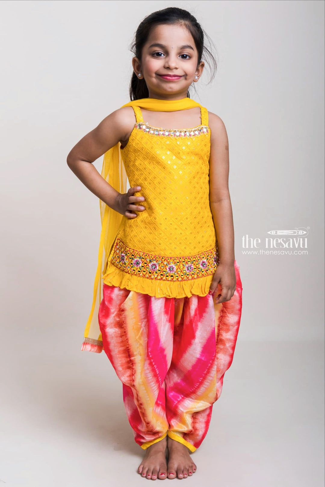 The Nesavu Girls Dothi Sets Yellow Sequenced Top With Tie And Dyed Patiala Pants For Girls Nesavu 16 (1Y) / Yellow GPS111A-16 Vibrant Yellow Short Tops And Patiala Pants| Latest Design| The Nesavu
